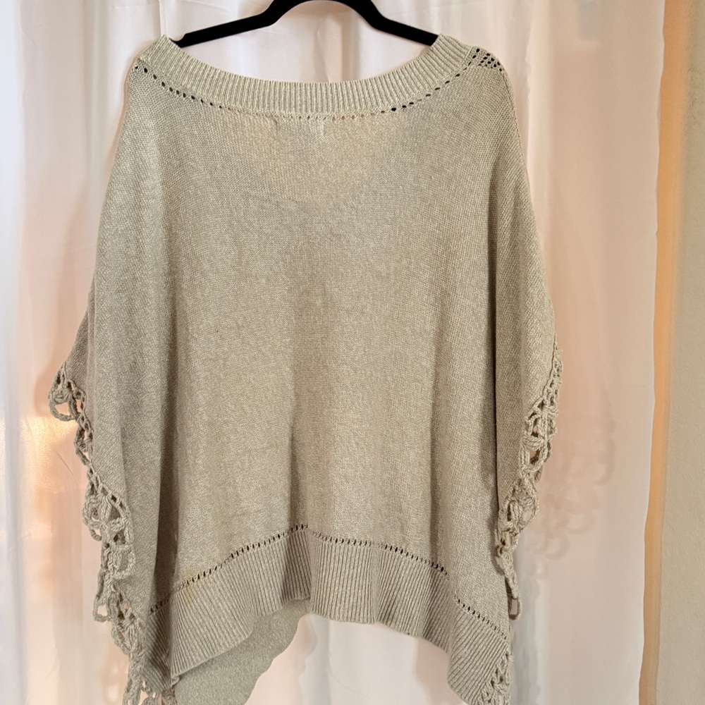 Vintage Kenar Crochet Poncho Sweater | 90s Boho Cotton Knit V-Neck - Picture 5 of 7